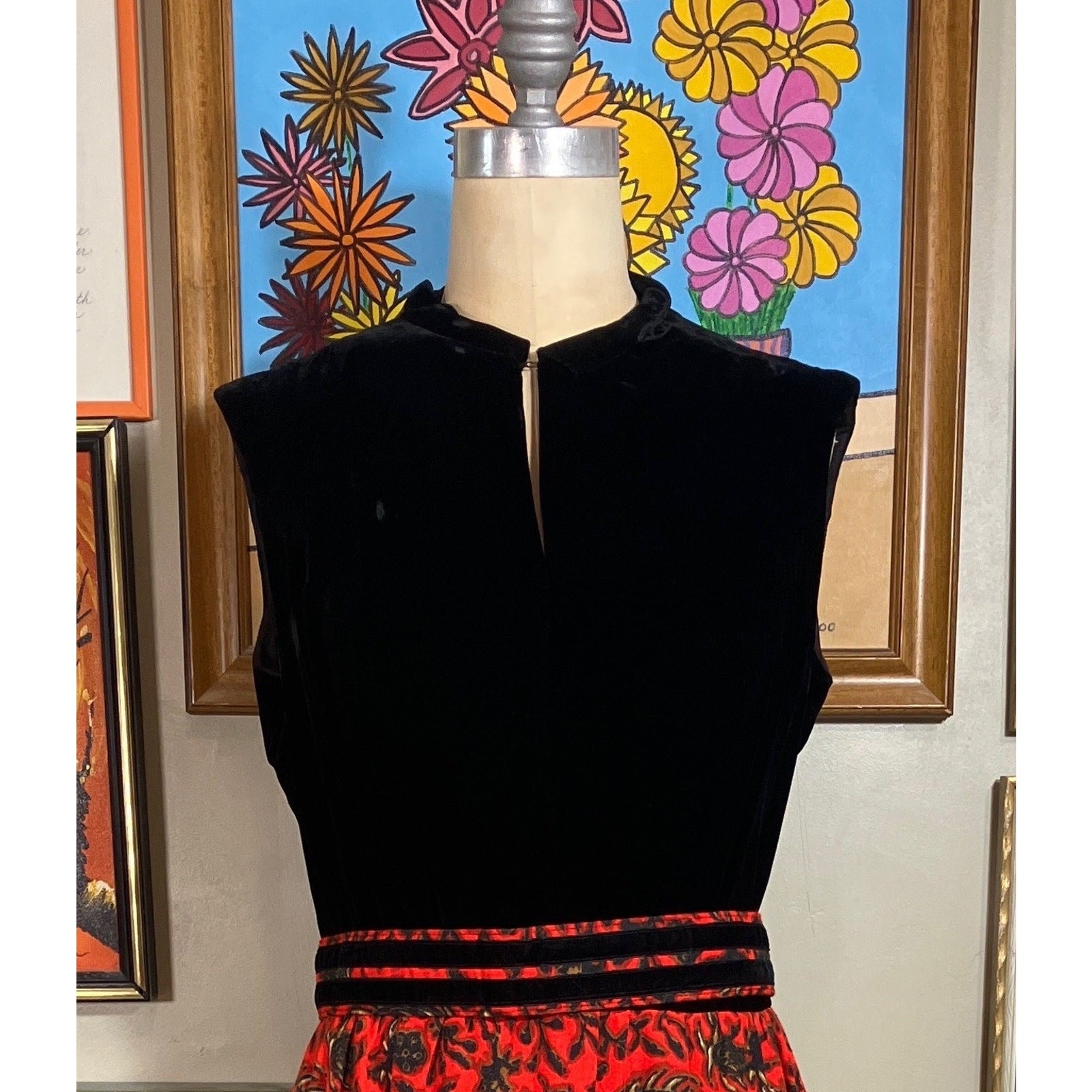 Vintage 1960s Carillon Black Velvet Maxi Dress Tiki Print Wool Skirt Gown Belt