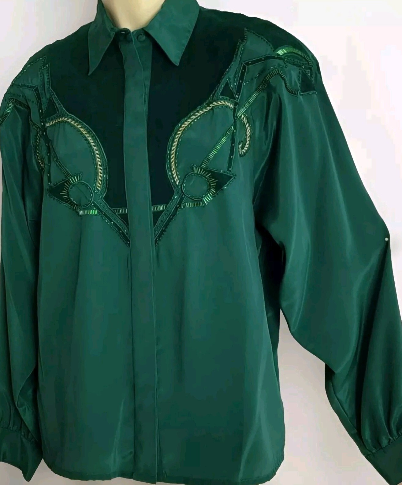 VTG Western Cowgirl Rodeo Baroque Sequin Suede Beaded Embroidery Blouse Green M