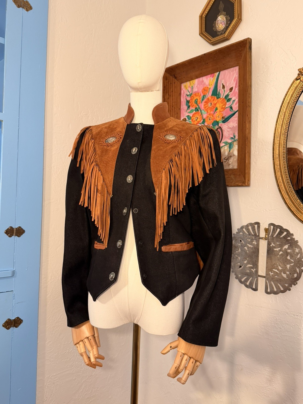 Vintage Diamond Denim & Leather Made In USA Western Fringe Jacket Size 8