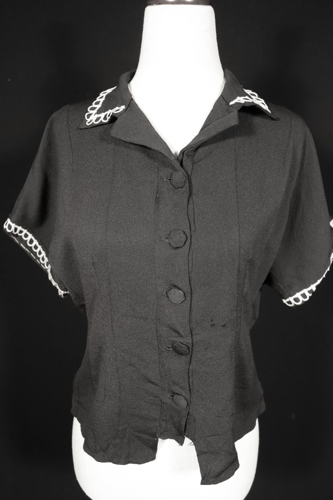 Vintage WWII Era 1940’s French Black Rayon Crepe Blouse Size Small