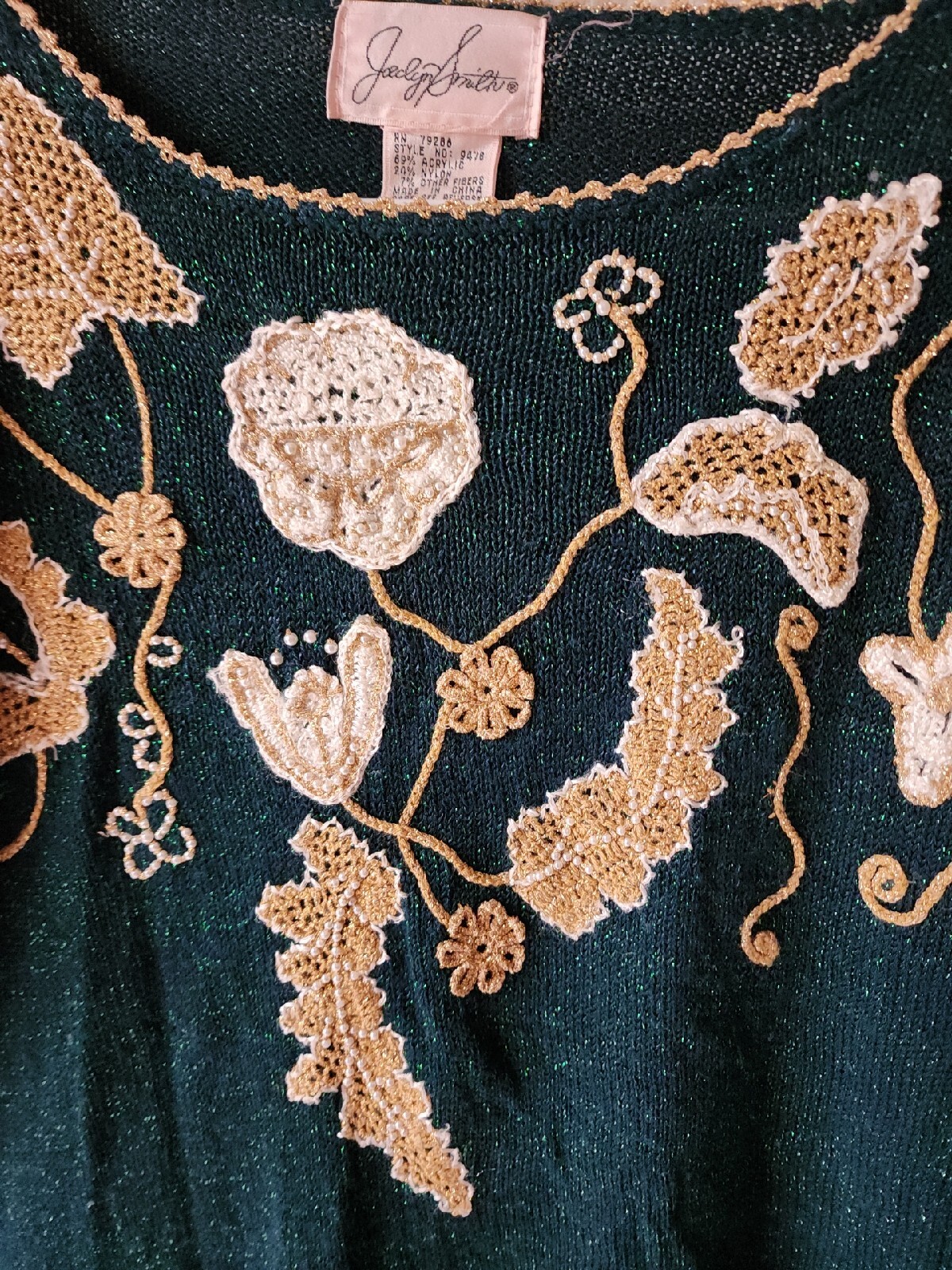 Joeclyn Smith VTG Embroidered Beaded Sparkly Green Gold Sweater 80s Womens Sz S
