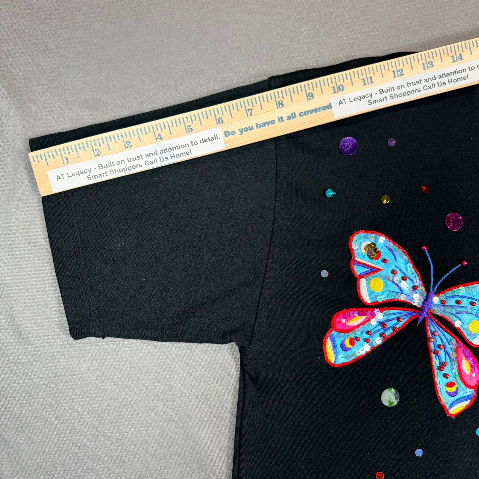 Victoria Harbour Vintage Butterfly Sequin Beaded V-Neck T-Shirt Black Womens M
