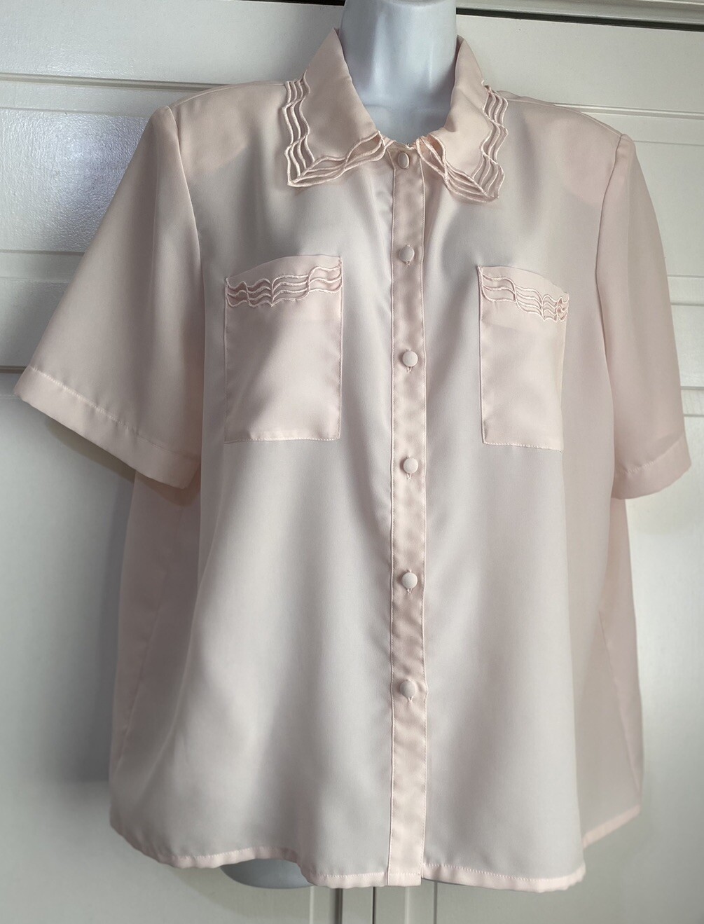 VINTAGE CHRISTIE & JILL PINK SHORT SLEEVE EMBROIDERED BLOUSE SHOULDER PADS SZ 16