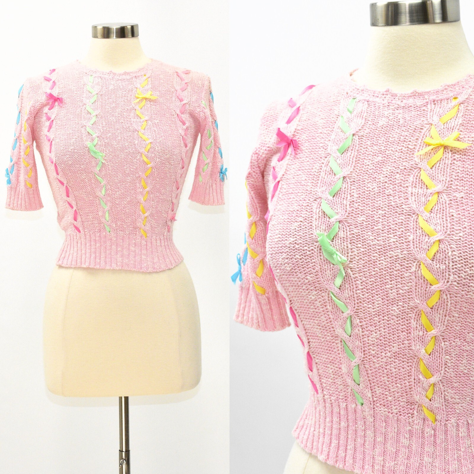 70s Vintage Pink Knit Top Ribbons & Bows Womens XS Living Doll Fashion Hewlitt