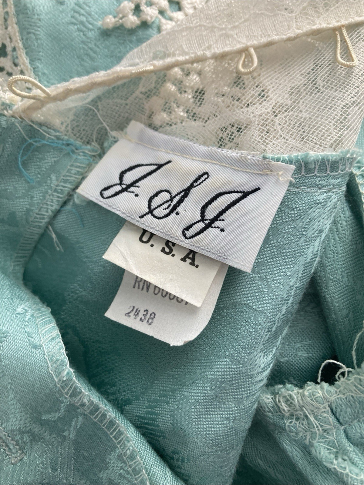 JSJ Vintage Aqua Jacquard/Brocade Dress With Lace & Pearls Size 7/8 Made In USA