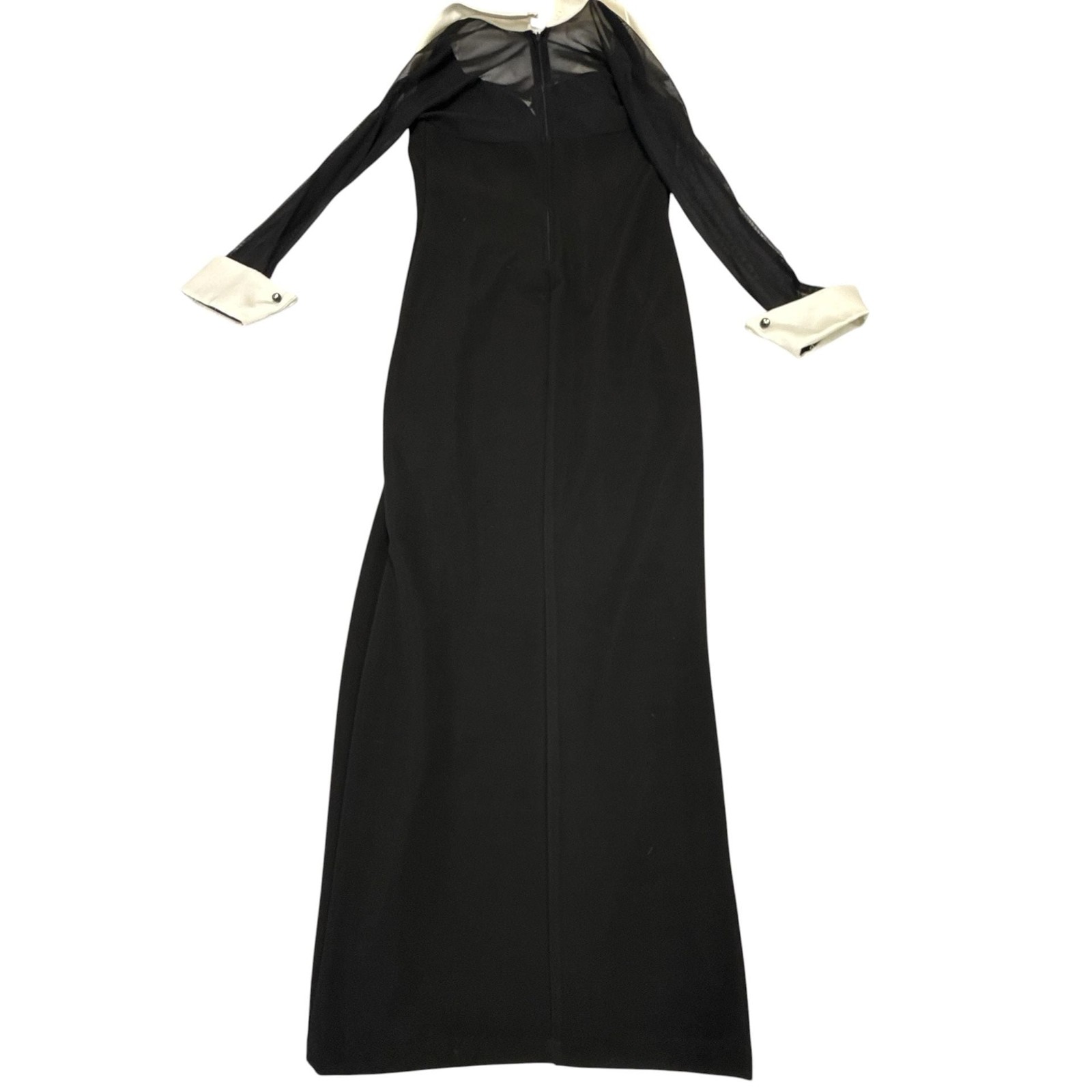 Vintage Tuxedo Style Formal Maxi Dress with Sheer Sleeves and Contrast Lapels
