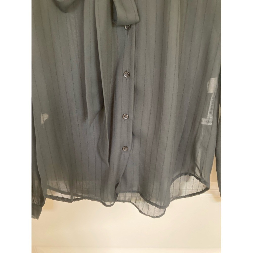 Vtg Gemilli Black Sheer Button Front Tie-Neck Blouse Size 5/6 Long Sleeve Office