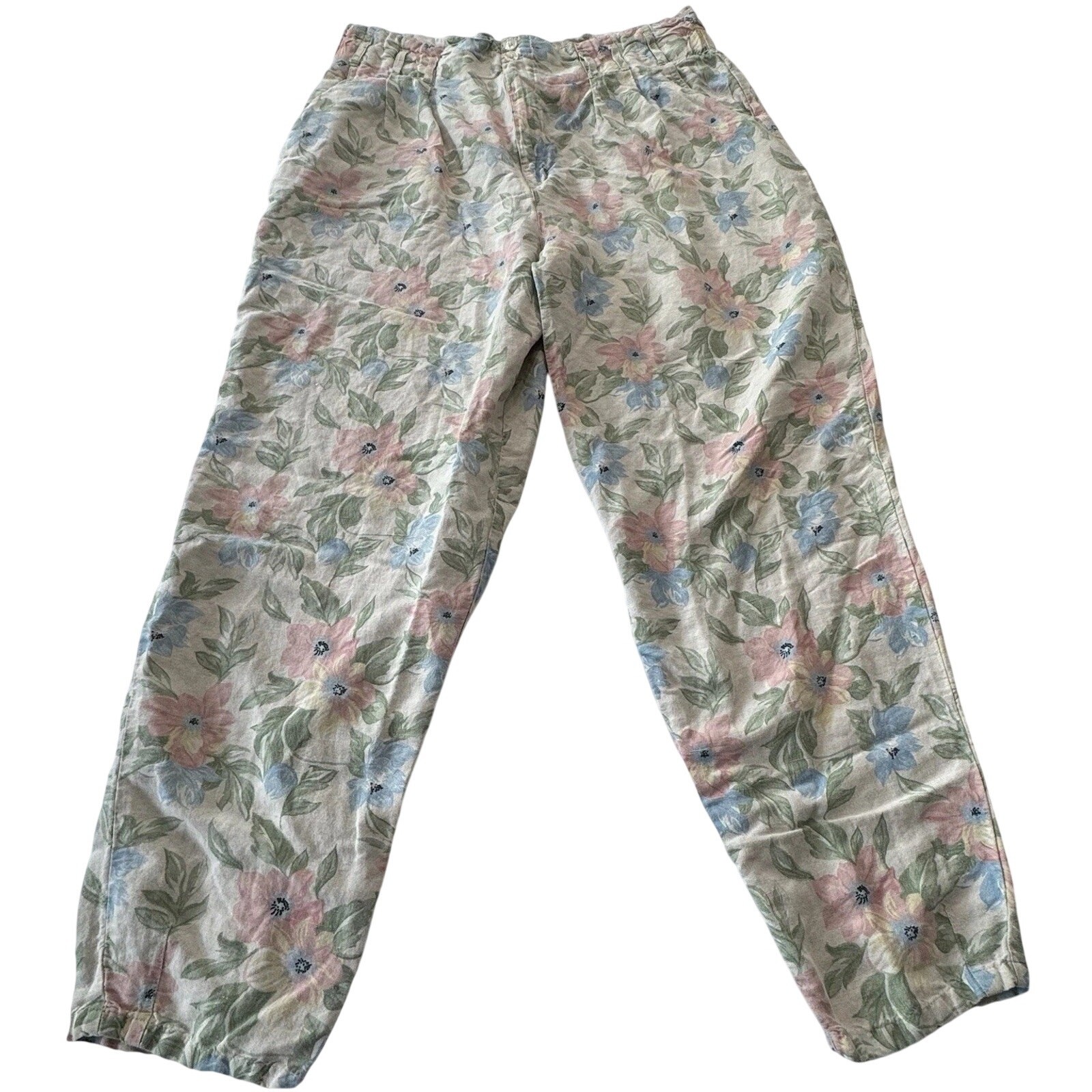 Vintage 90s Pastel Floral Linen Pants TARAZZIA Size Large Cottage Coastal Boho