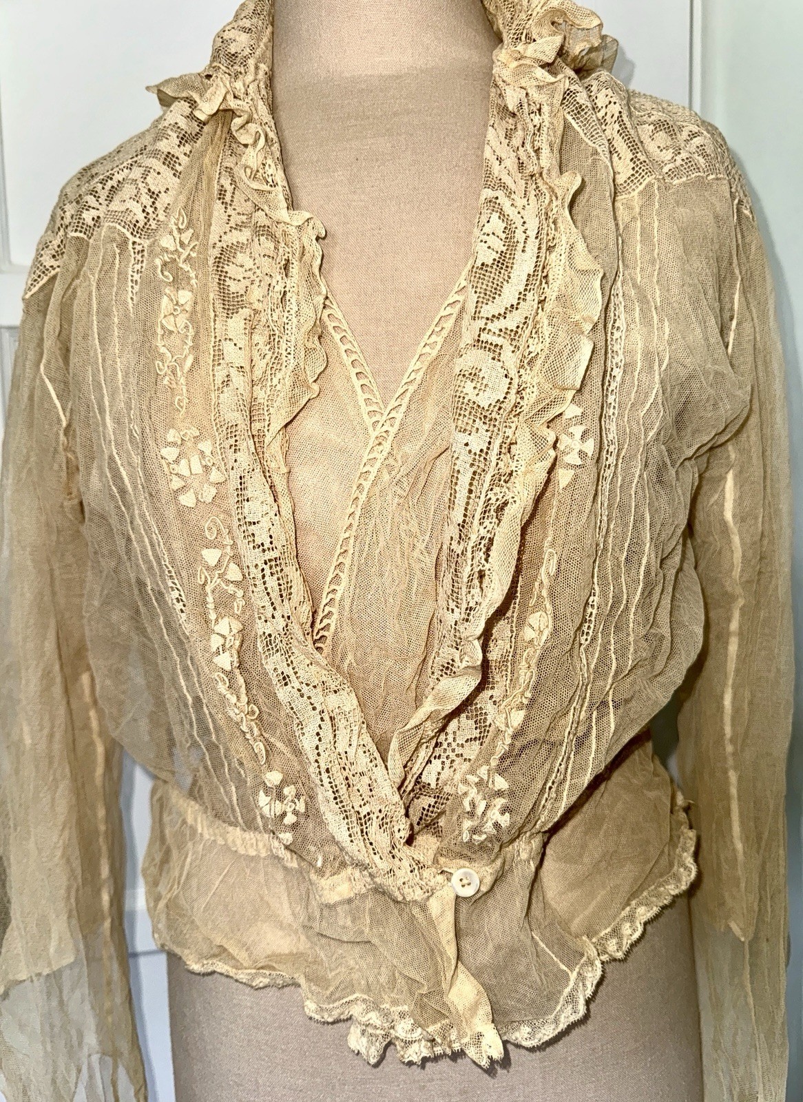 Antique VICTORIAN LACE Net BLOUSE Cropped +Attached INNER SHIRT Long Sleeves EXC