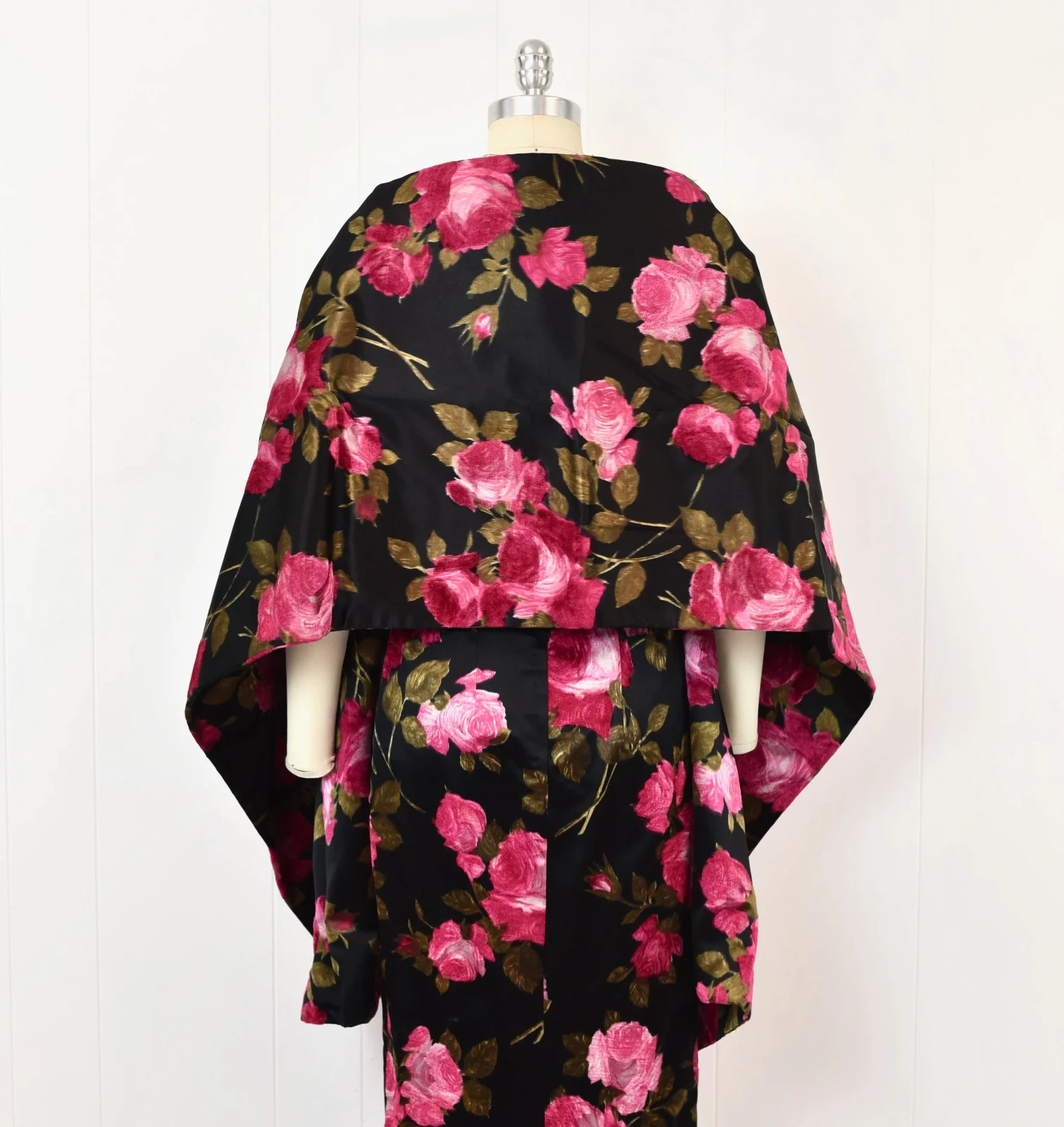Vintage 1960s Mr. Blackwell Pink Floral Black Silk Gown Dress with Matching Wrap