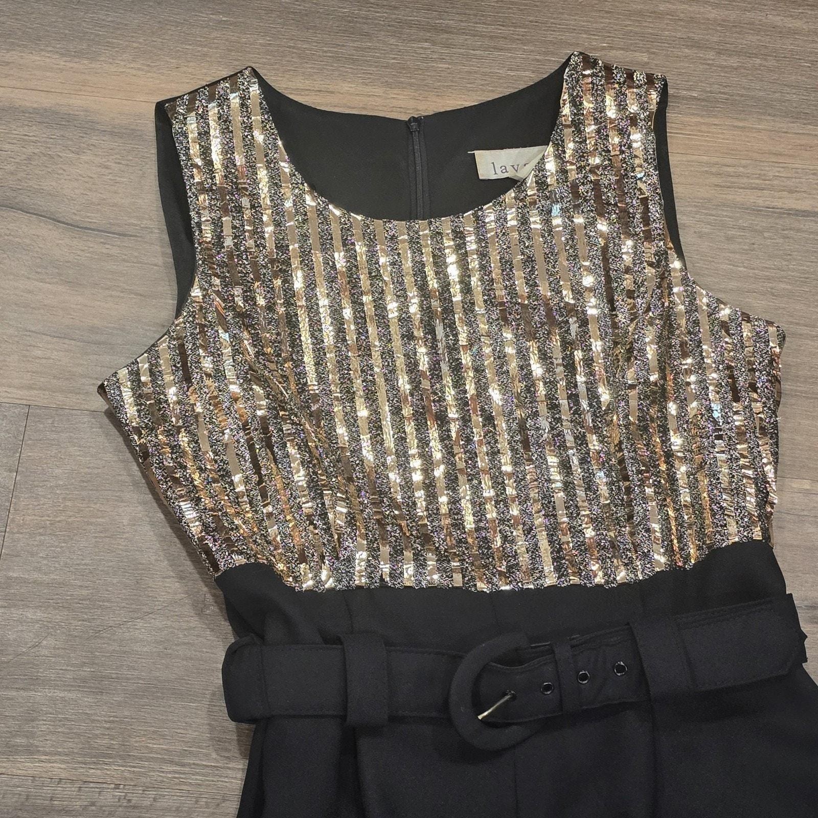 80s Womens Black Gold Sparkly Vintage 2 Piece Jumpsuit Blazer Outfit Small XS 6P