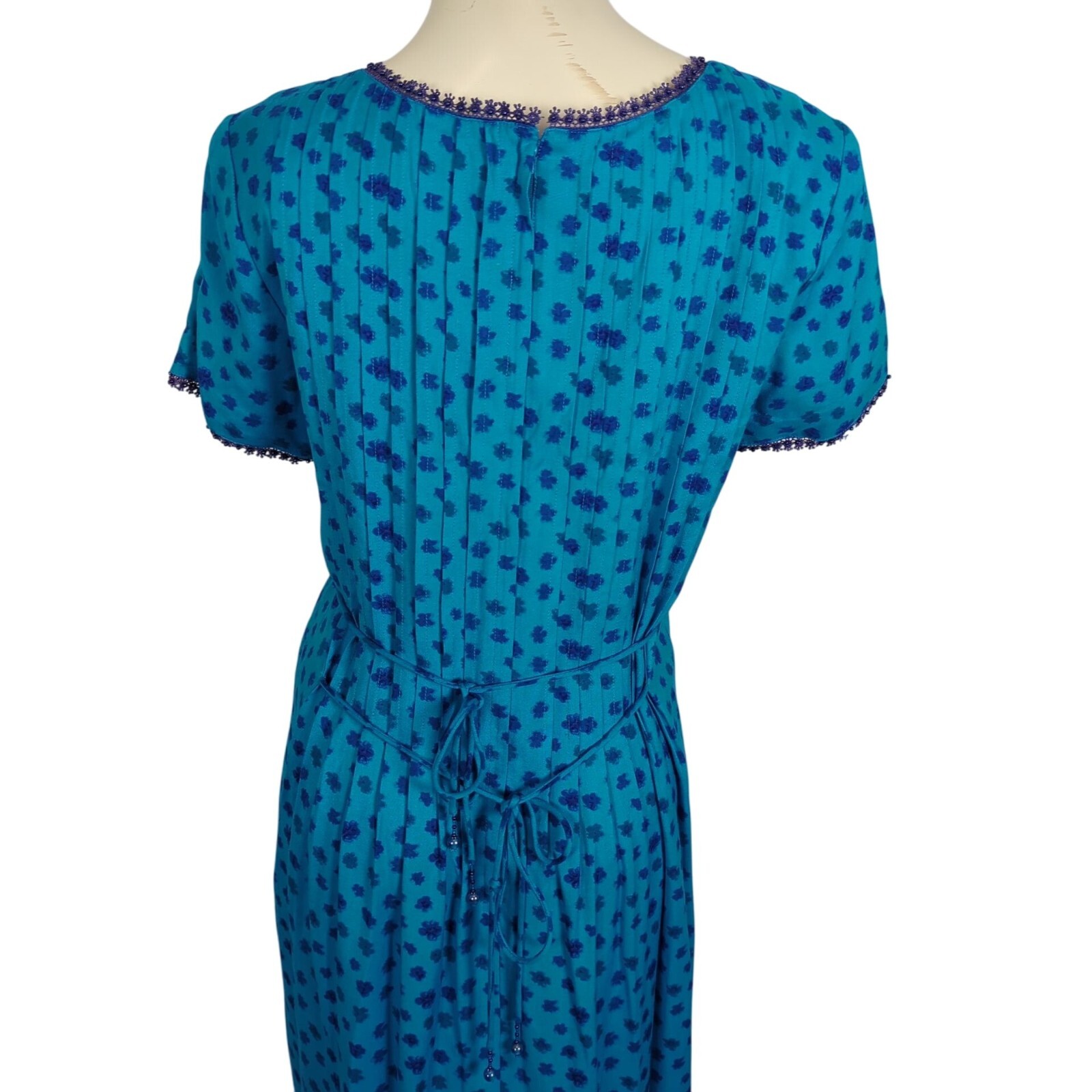 Vintage Sarah Elizabeth Floral Midi double tied modest blue Dress Waist Tie 8