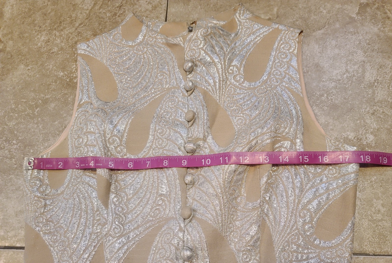 VTG MOD 60 Eve Le Coq Tan Metallic Silver Lame Brocade Paisley Dress Women’s S-M