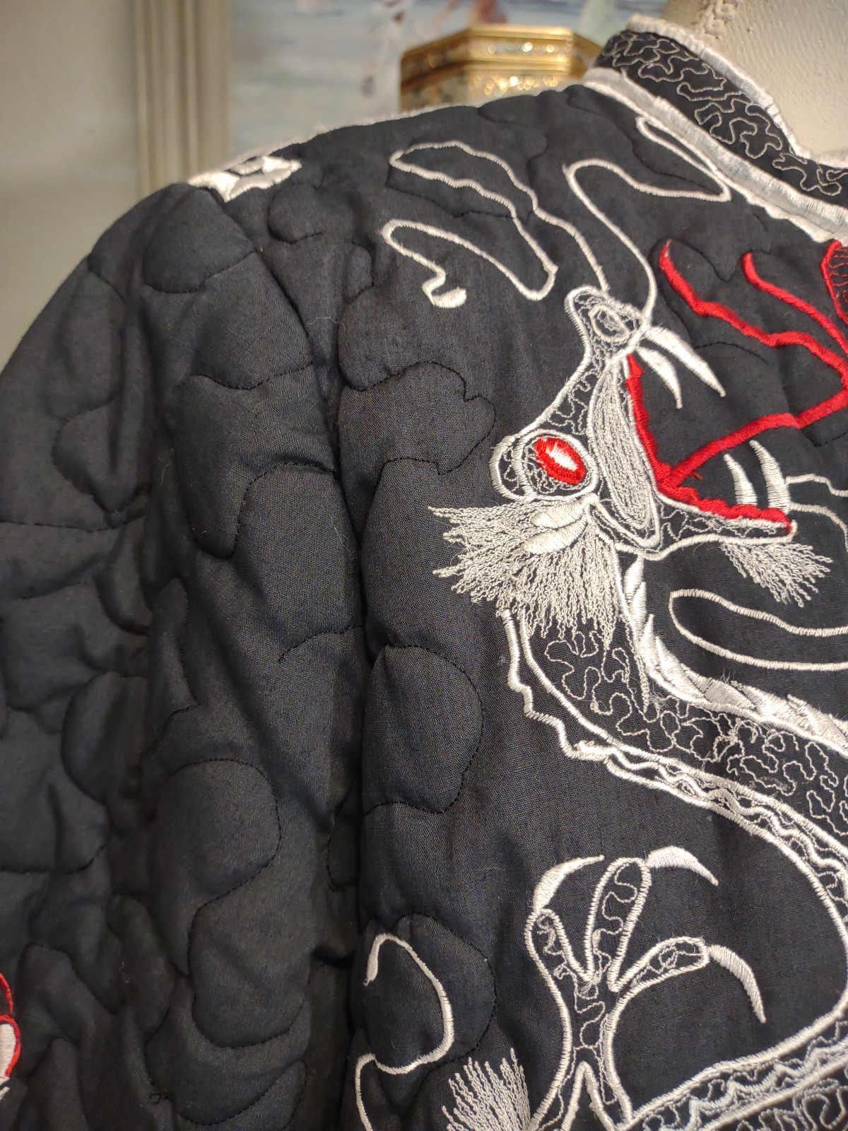 Oriental Mandarin Dragons Embroidery Quilted Cotton Blend Jacket Black L