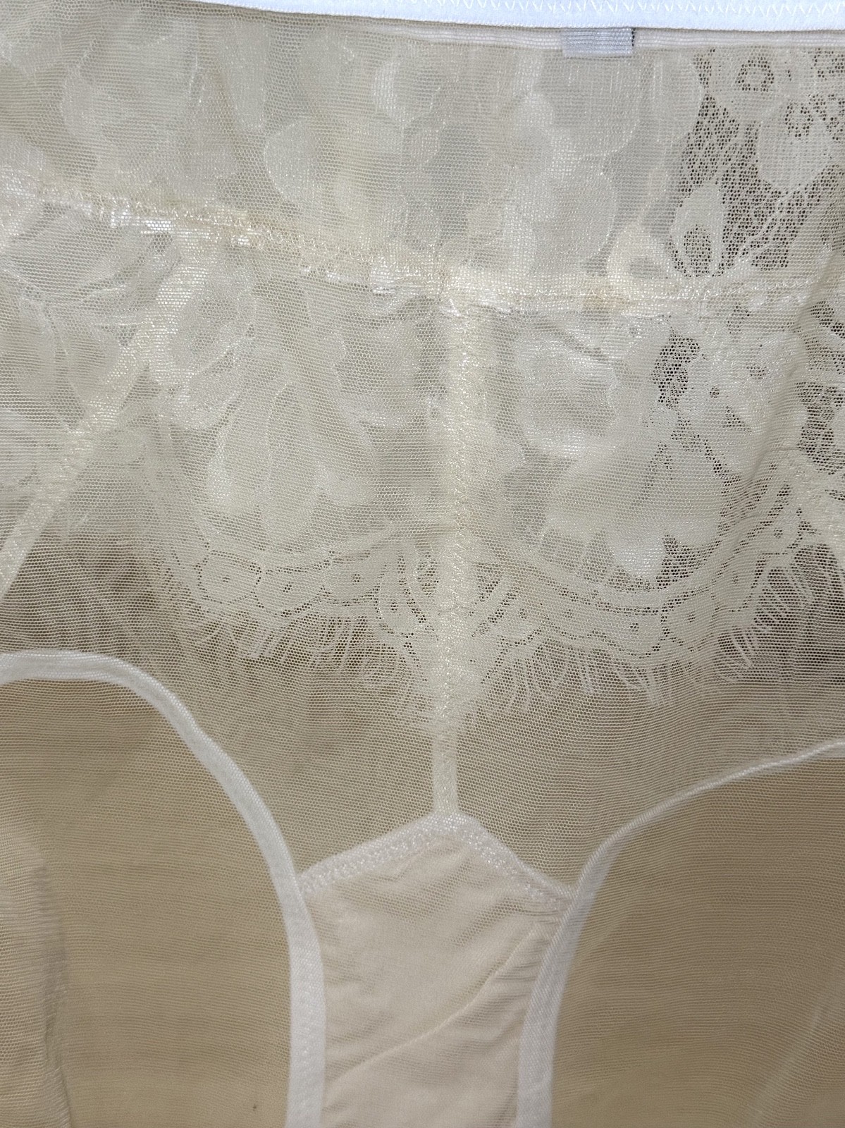 VTG Sheer Light Polyester Granny Panties Nylon Floral Lace Sissy Brief W. 28-30″