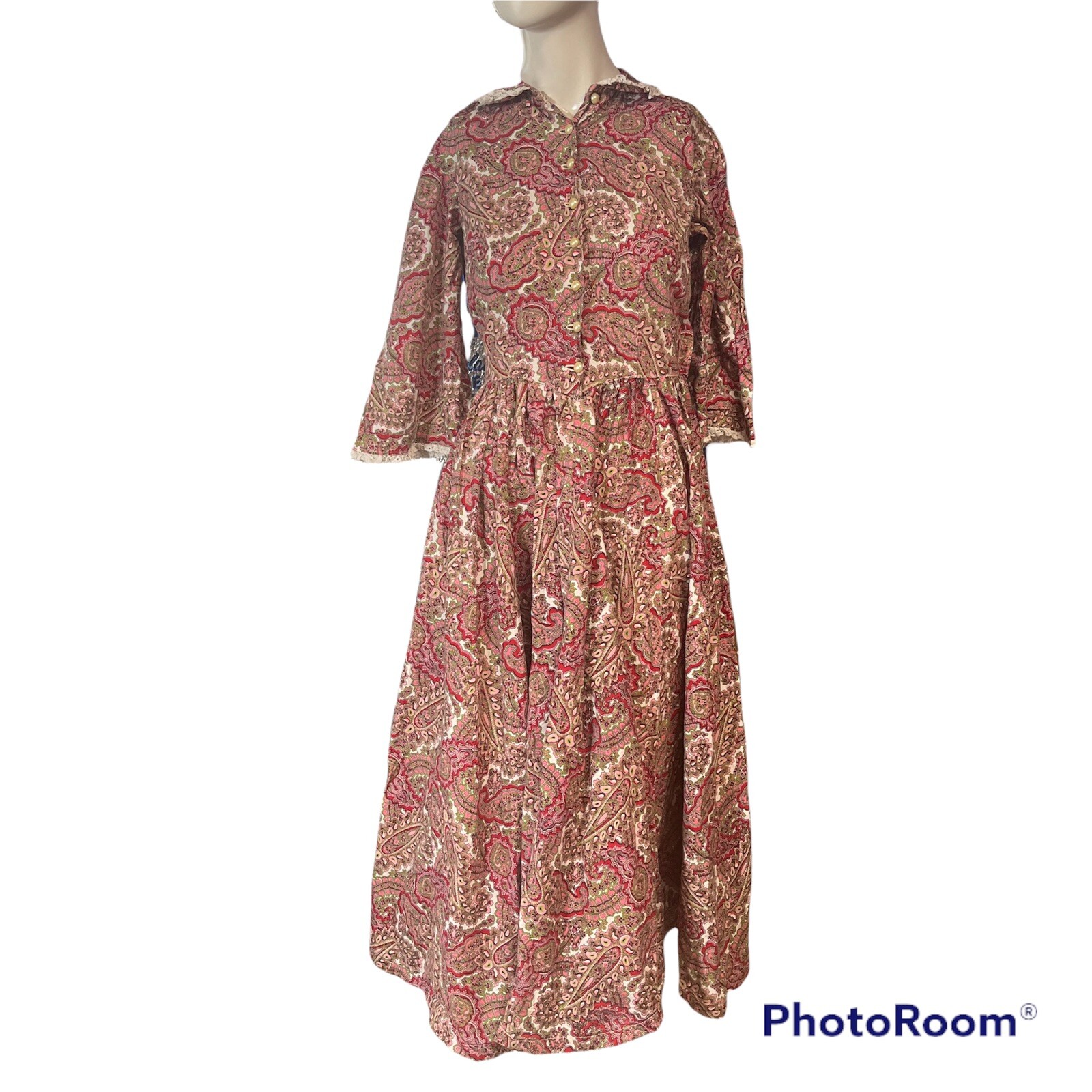 Vtg 70s Paisley Maxi Dress XS Handmade Boho Button Bodice Hippie Red Cottage