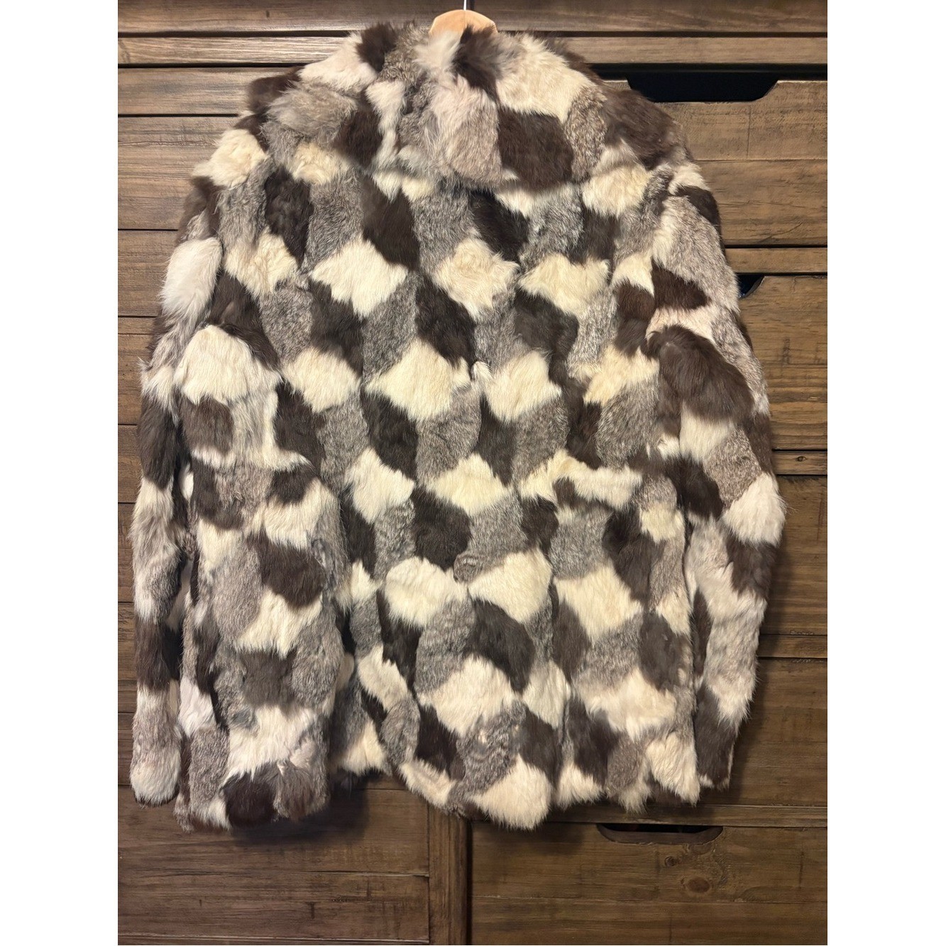 Vintage Genuine Rabbit Fur Patchwork Coat Brown Cream Western Luxe Jacket