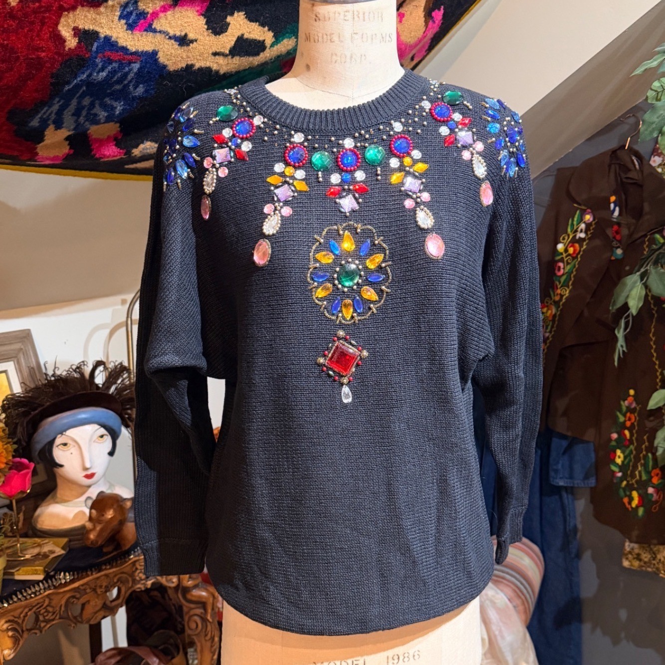 Midnight Blues NWT Vintage Black Beaded Rhinestone Jewel Embellished Sweater M