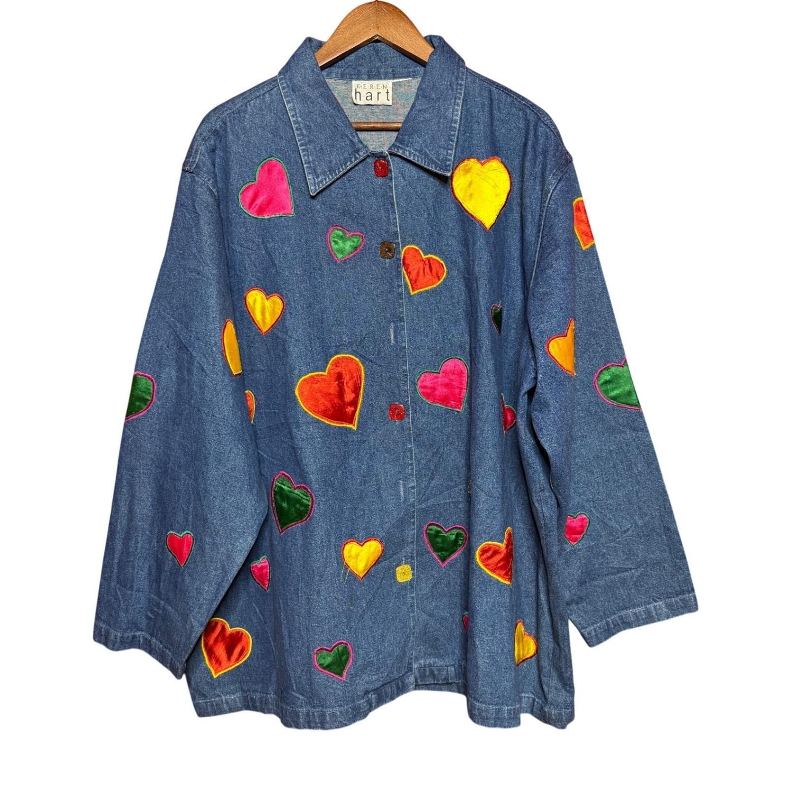 Vintage Keren Hart Women NA Denim Heart Applique Shirt Jacket Blue Oversized