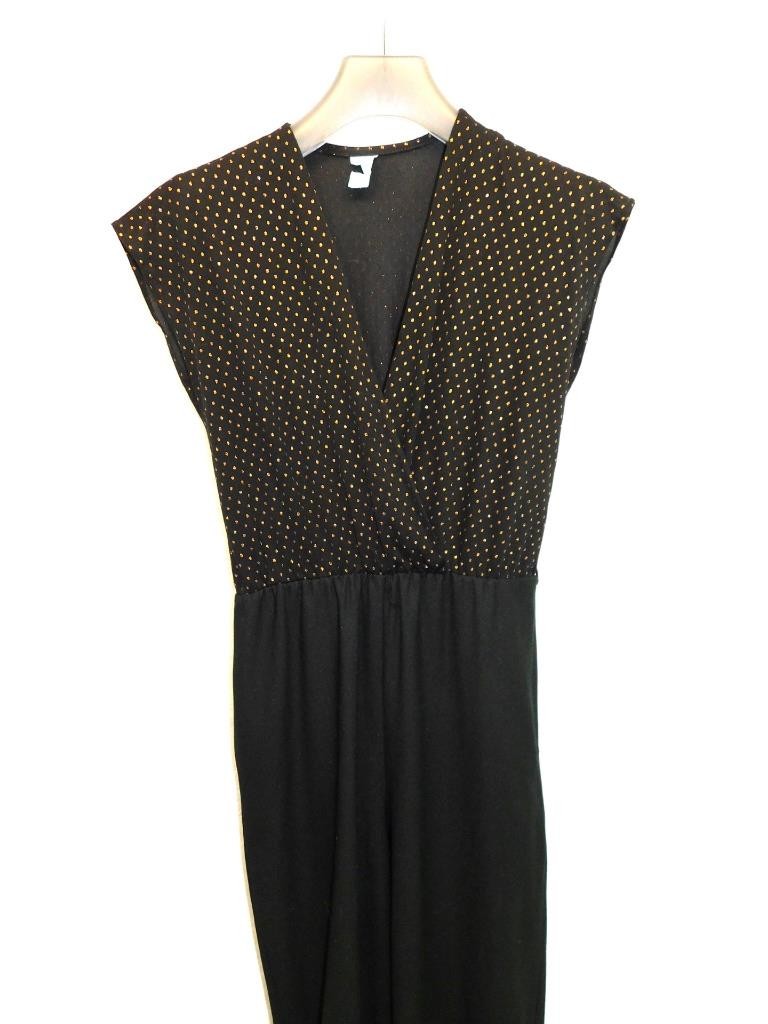 Vintage 70s S Black Copper Glitter Dot Jumpsuit Sheer Disco Dancing Short Sleeve