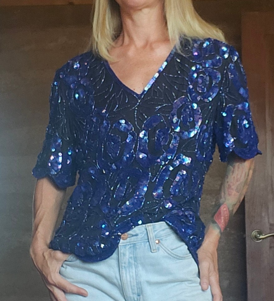 Vintage 80s 1980’s Blue Silk And Sequin Glam Blouse Top Shirt Sz L Fits M PARTY