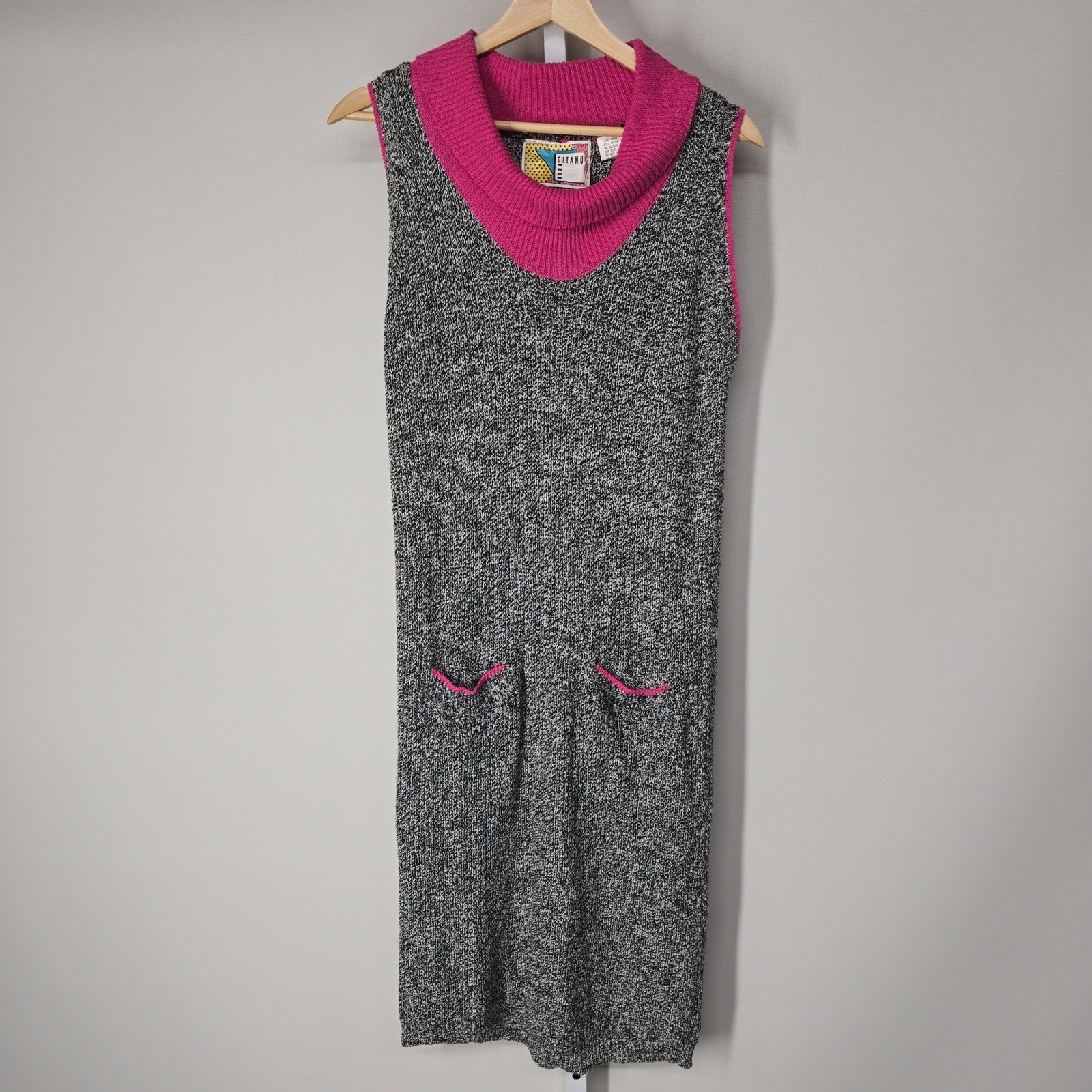 Vintage 80s Gitano Sleeveless Knit Dress Pink Gray Marled Cowl Neck Size L