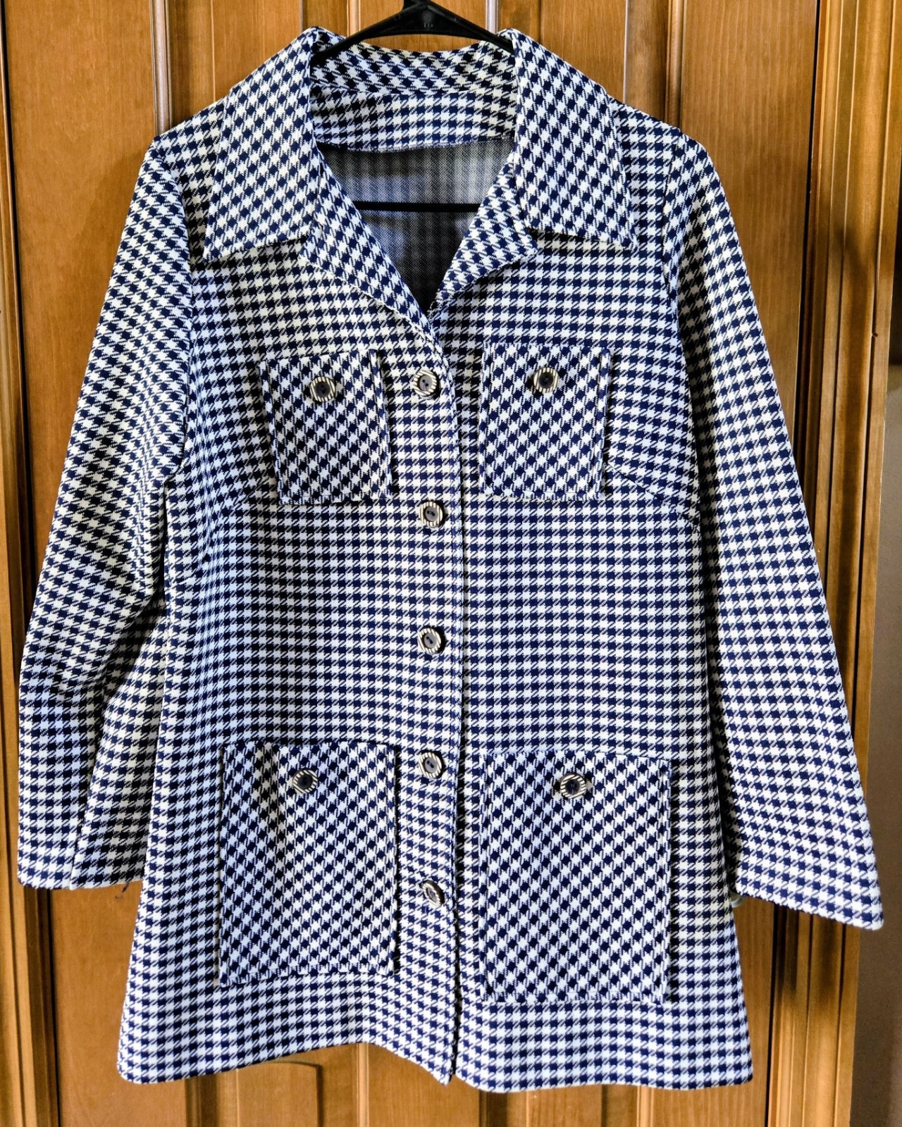 women’s Vintage 70s DUTCHMAID navy HOUNDSTOOTH 4 pocket JACKET blazer, Size 36 L