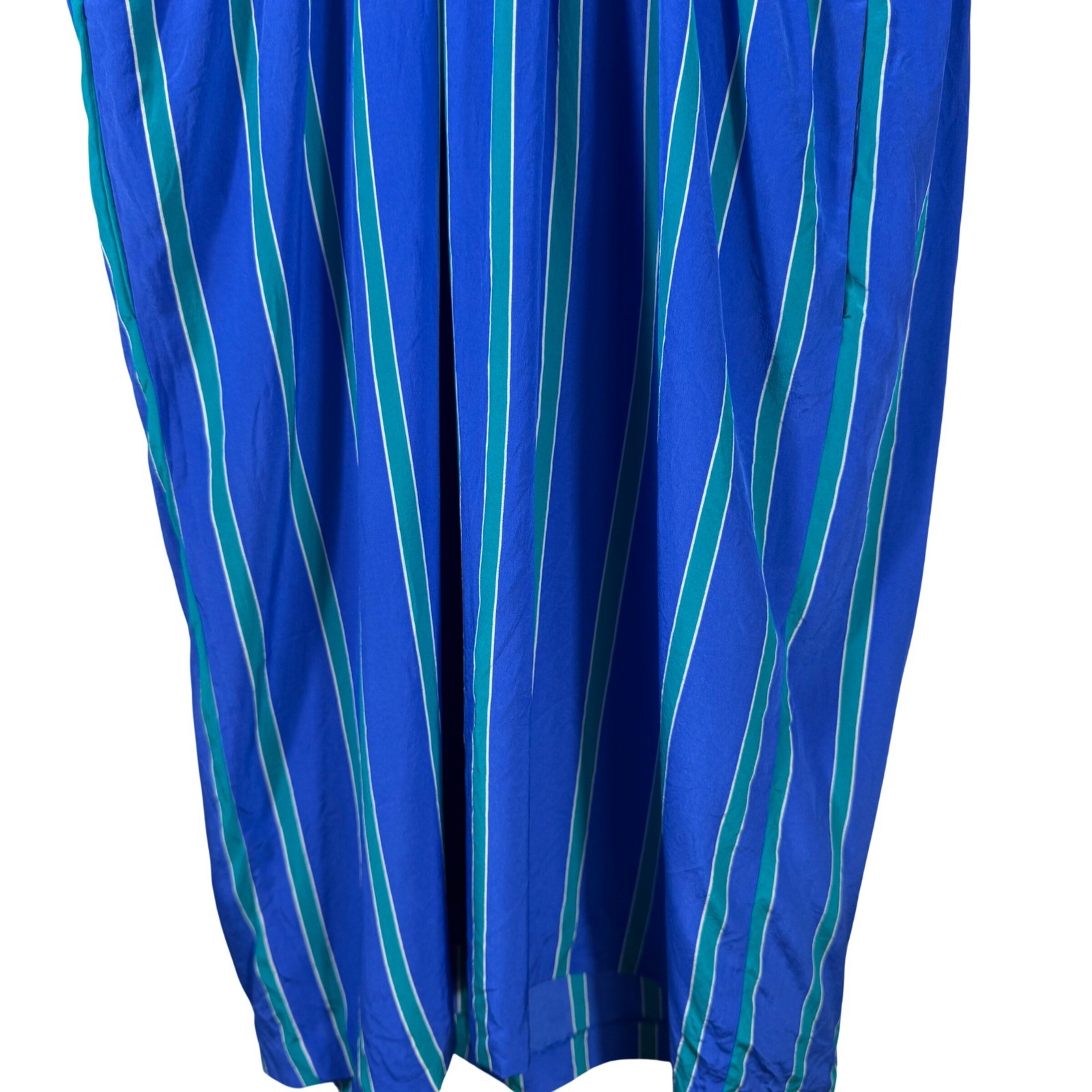 Vintage Silk Studio 100% Silk Striped Dress Blue Green Midi Size 14 Korea