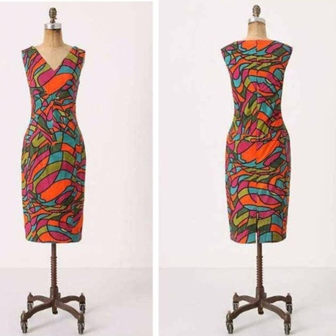 Vintage Y2K Anthropologie Fish Fry Stained Glass Printed Pencil Dress Rare Small