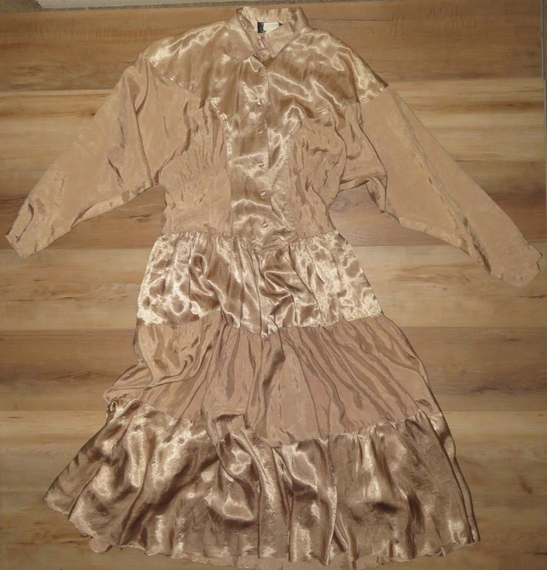 VTG Choon California Satin Tiered Ruffle Taupe Long Sleeve Pintuck Dress Sz 8??