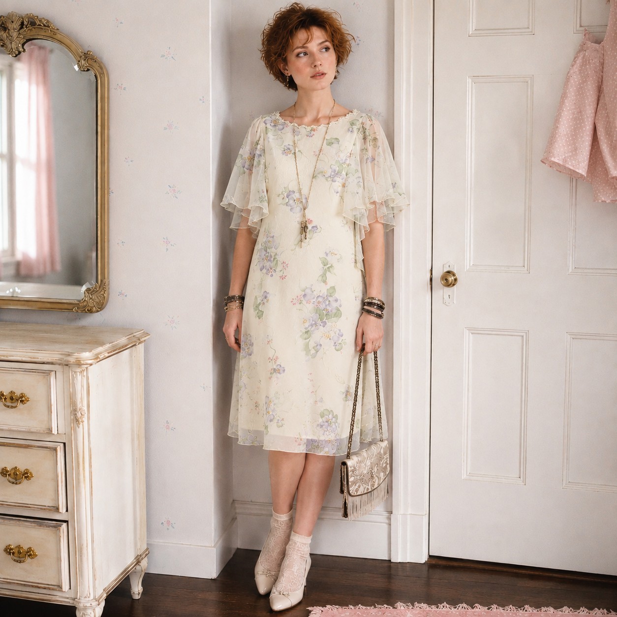 Vintage Miss Ashlee Floral Chiffon Dress 5 / 6 S Cottagecore Fairycore Lace 80s