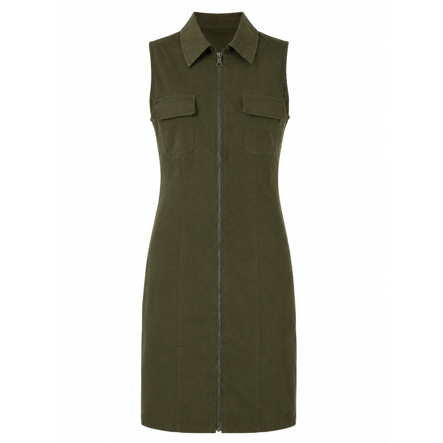 Vivian Paris Olive Green Sleeveless Zip Front Utility Dress Size 38