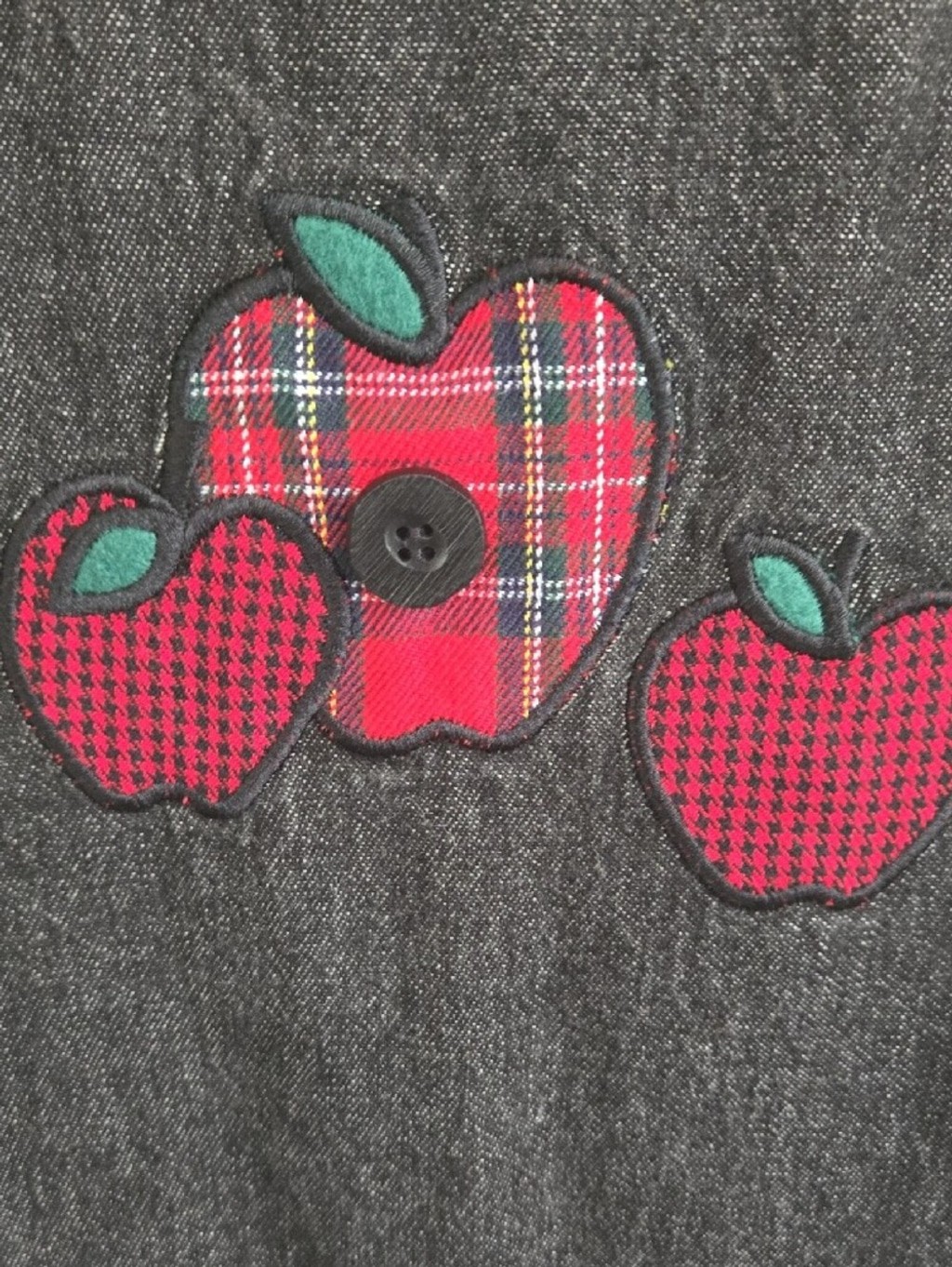 Vintage 90s Mandal Bay Black Denim Jumper Dress XL Apple Plaid Patchwork Maxi