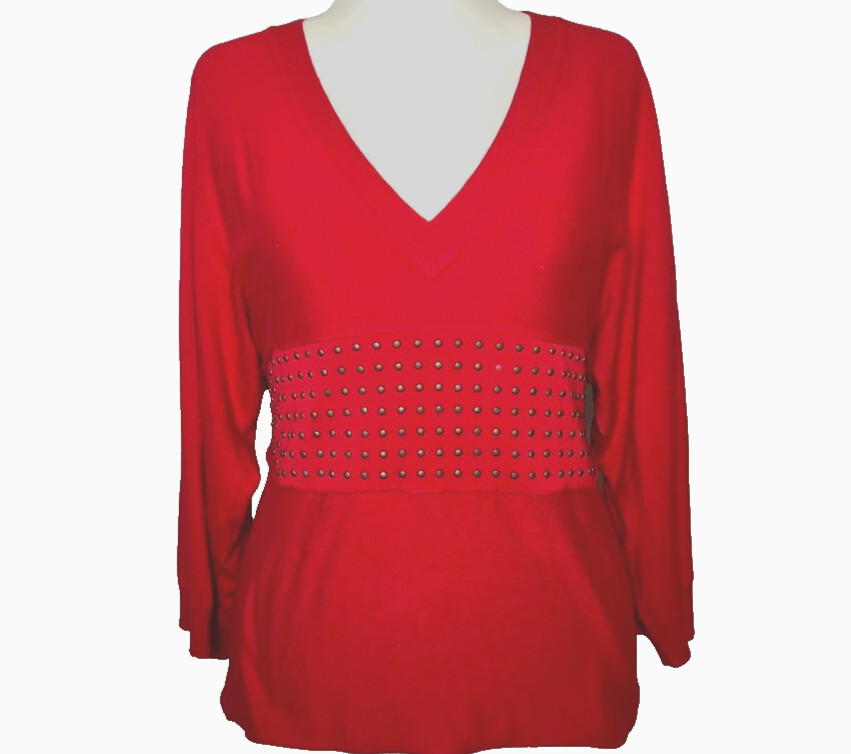 Yuka Paris T1 Womens Red Knit Top Sweater V-Neck Batwing 3/4 Sleeve 90’s Vintage