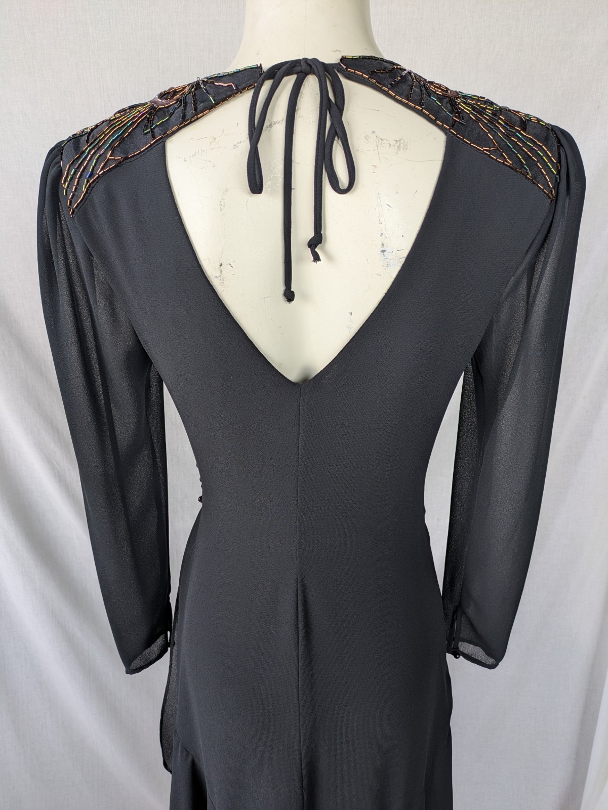 Vintage 80s Casadei Dress Black Hi Lo Hem Ruched Beaded Shoulders Sz 6