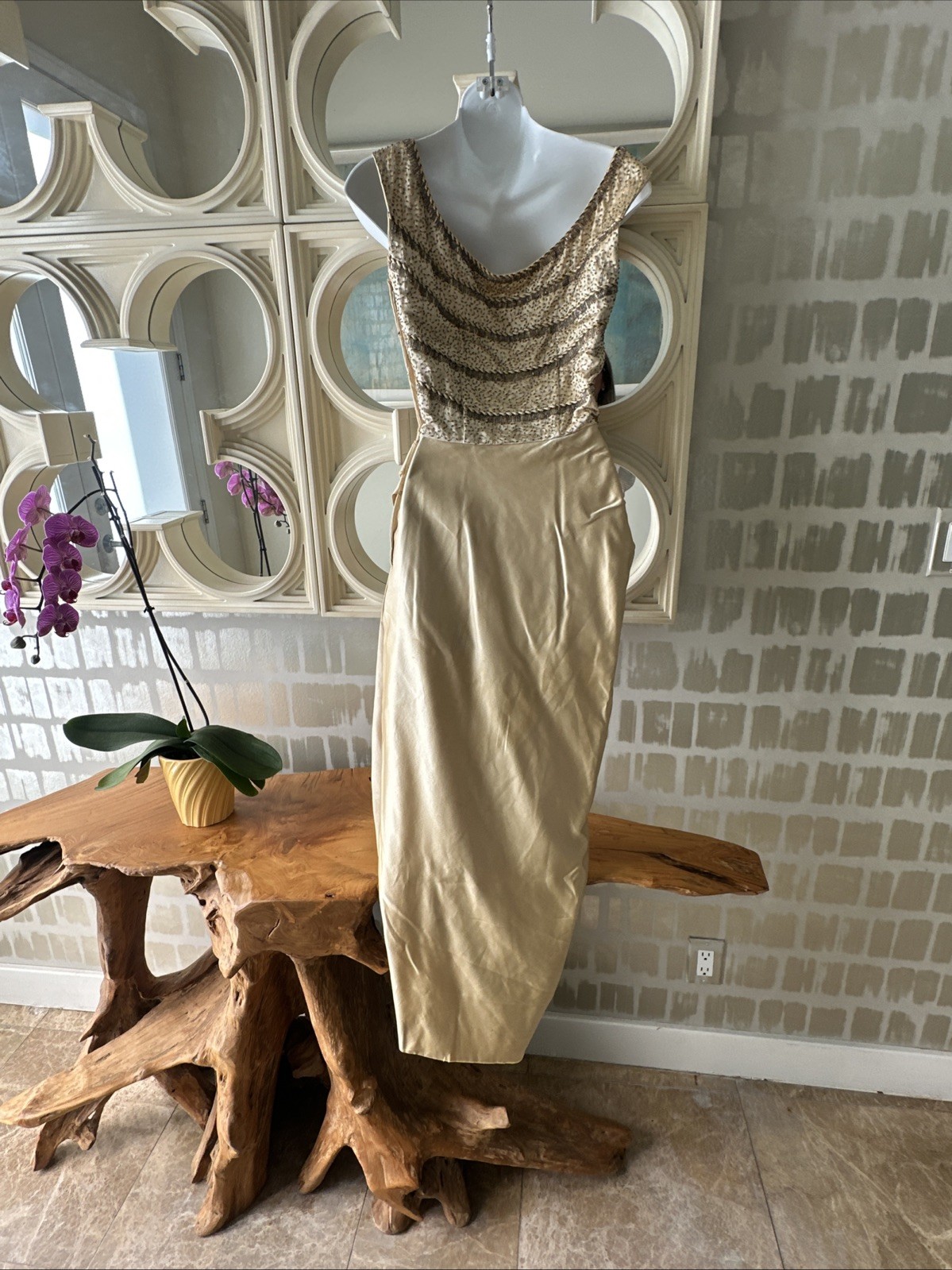 Ceil Chapman 50s Patented Champagne Gold Satin & Beaded Bustier Sarong Gown XS