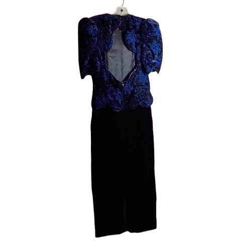 Vtg Scott McClintock Black Velvet Maxi Dress Blue Glitter Open Back Puffy Size 4