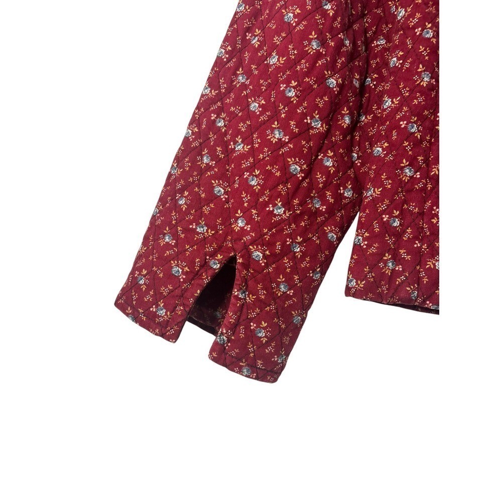 Vintage Burgundy Floral Quilted Jacket Mandarin Collar Frog Closures Calico