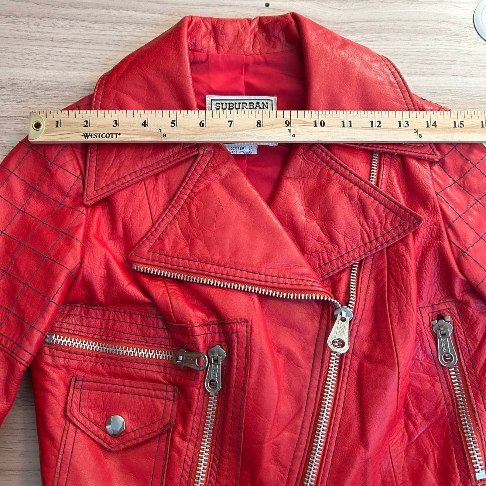Suburban International Vintage Quilted Moto Leather Jacket Red Small Good