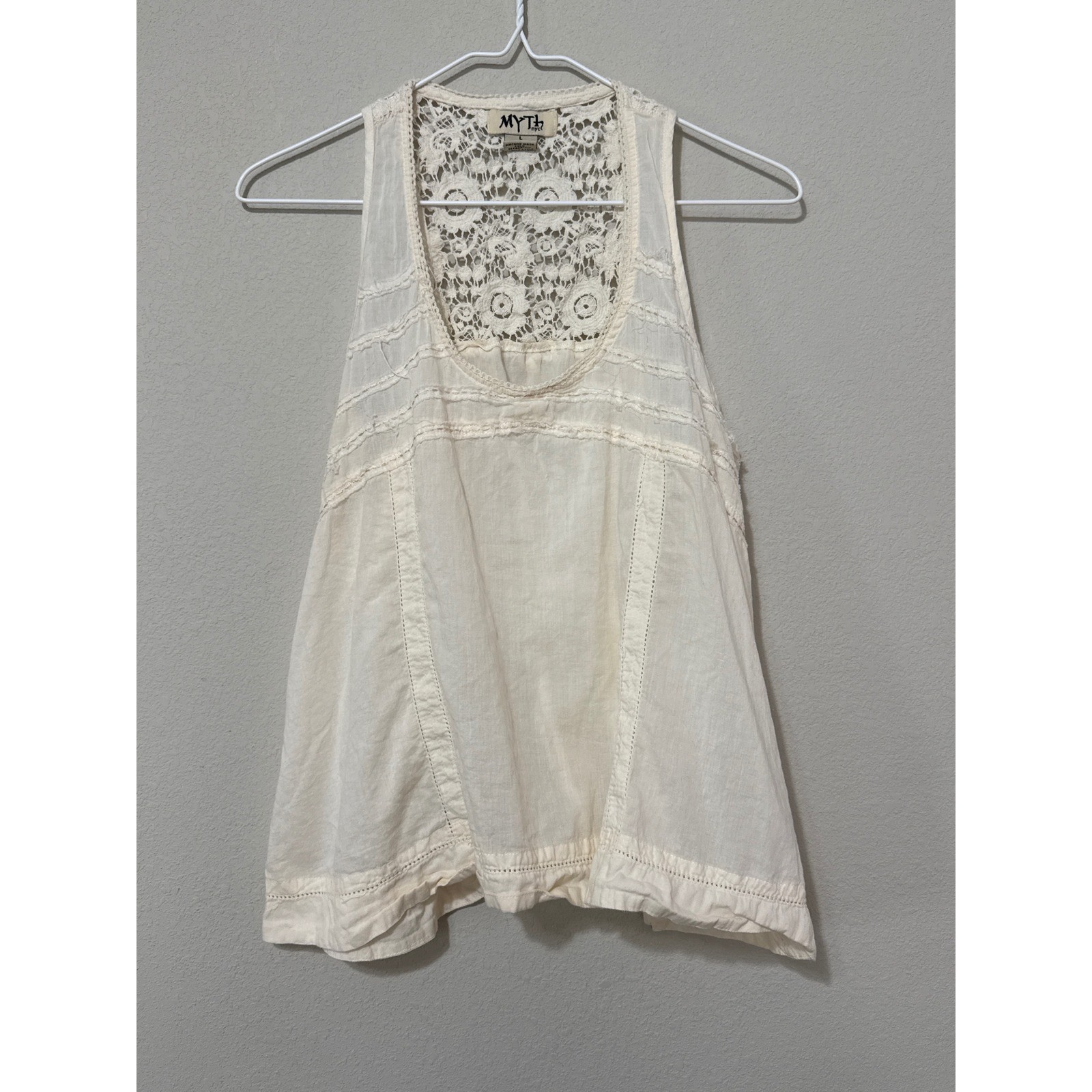 VTG Y2K Myth NYC Cream Boho Crochet Tank Women’s Large Indie Sleaze 100% Cotton