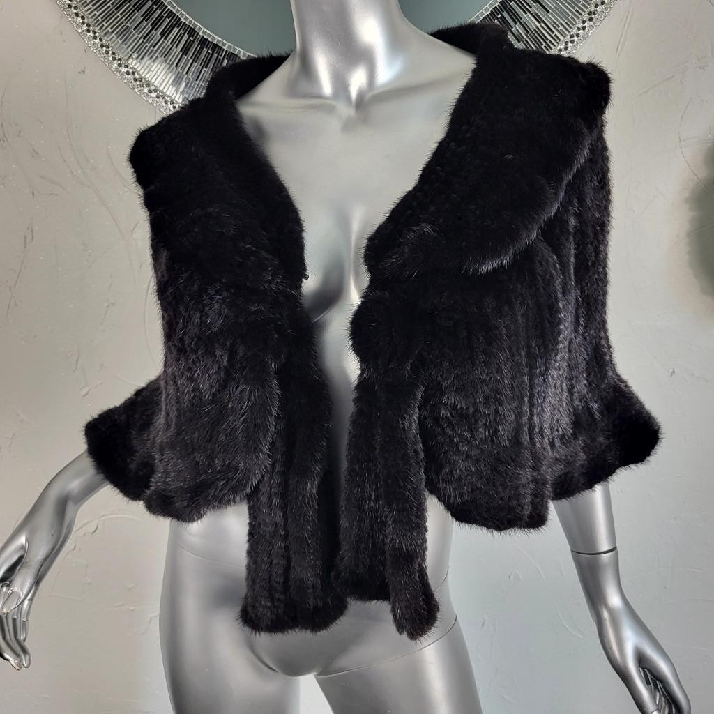 SAKOWITZ~S/M/L~VINTAGE BLACK KNITTED GENUINE REAL MINK FUR STOLE WRAP CAPE COAT