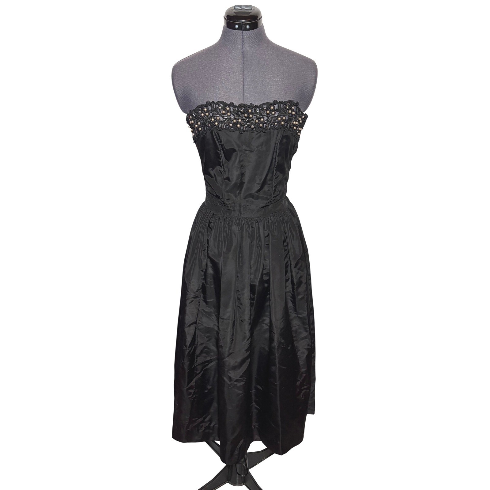 Vtg 50s Young Hollywood Black Taffeta Beaded Prom Cocktail Dress B32-W26 XS