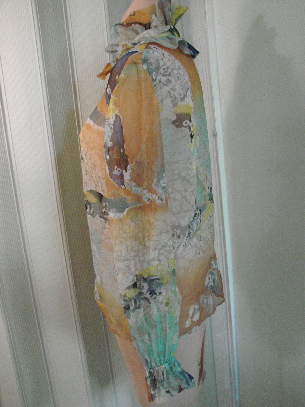 VTG 50s Long Sleeve Top Blouse Button Front Sheer Water Color Batik M UNIQUE VGC