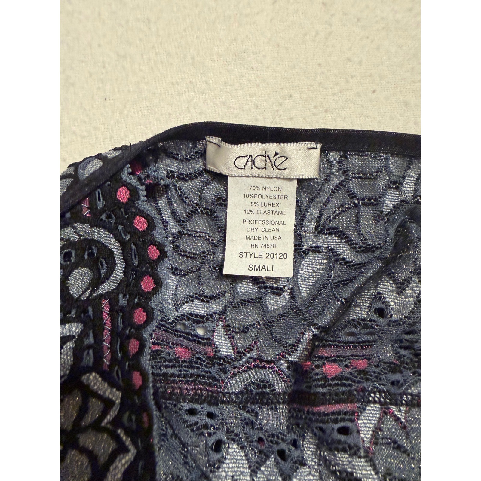 Cache Vintage Y2K Silver Metallic Floral Lace Tank Top Black Pink Small 20120