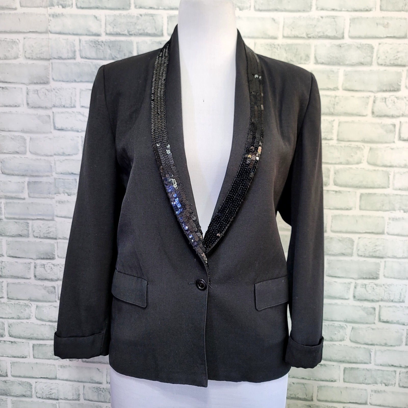 Vintage 70s Ted Lapidus Diffusion Womens 42 Black Sequin Collar Blazer 1 Button