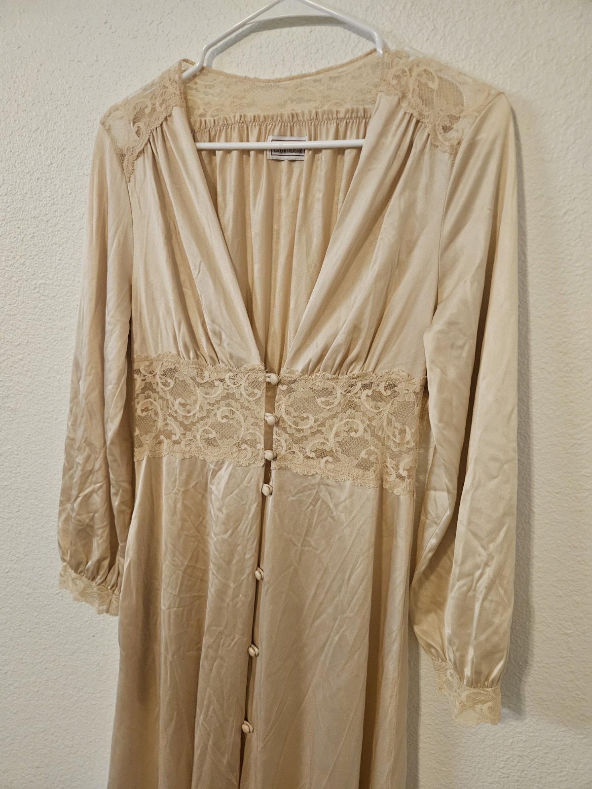 ​VTG 70s Maidenform Dreamwear Peignoir Set M Tan Beige Nylon Lace Robe Gown USA
