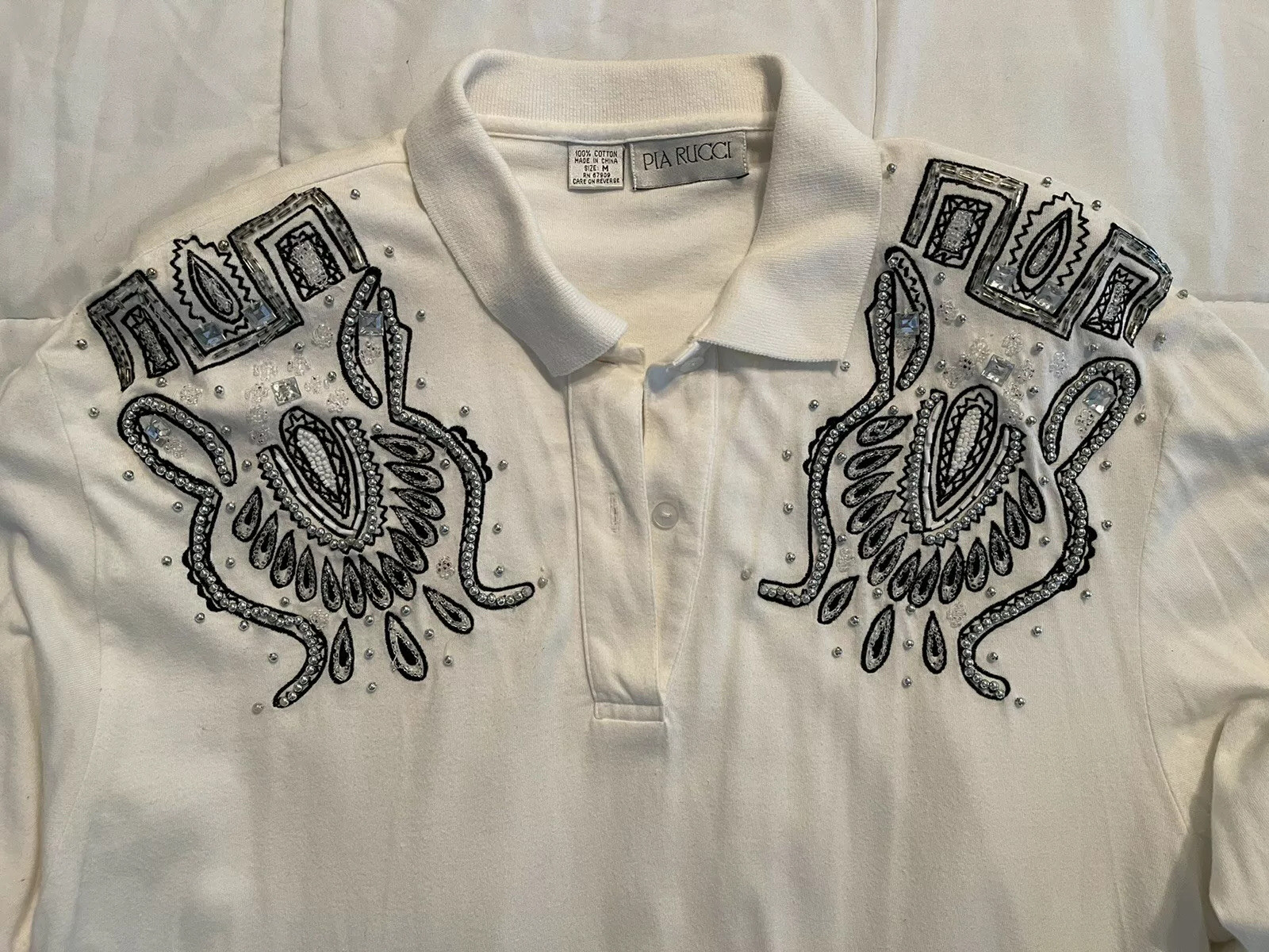 Vintage Pia Rucci Top Medium Embroidered Beaded Shoulder Pads White