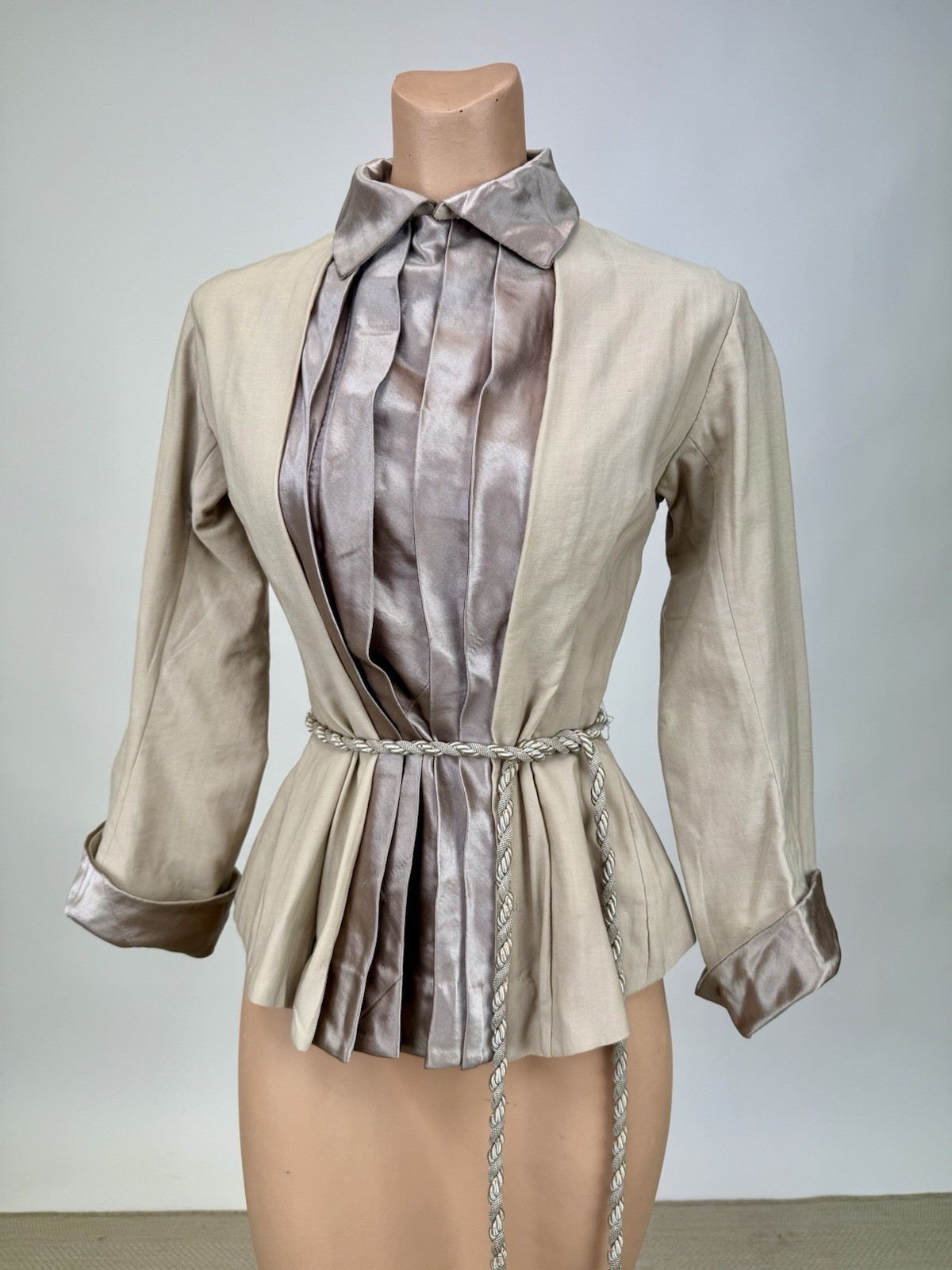 Antique Edwardian 1890s Tan Wool Silk Bodice Waist Coat with Twisted Rope Belt
