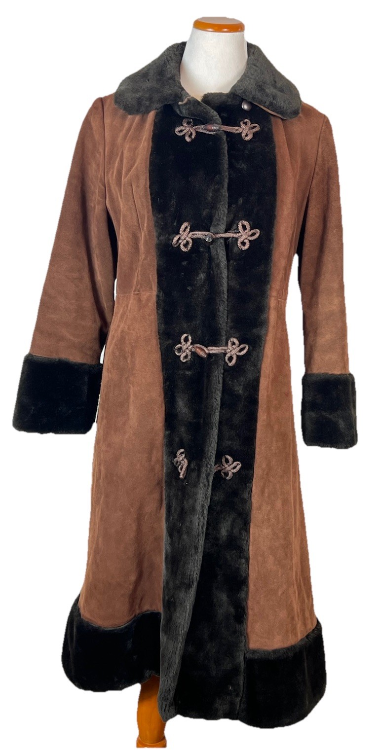 Vtg Boho Hippie 70’s Penny Lane Suede Faux Fur Trimmed Coat Sz 14 Toggle Folk