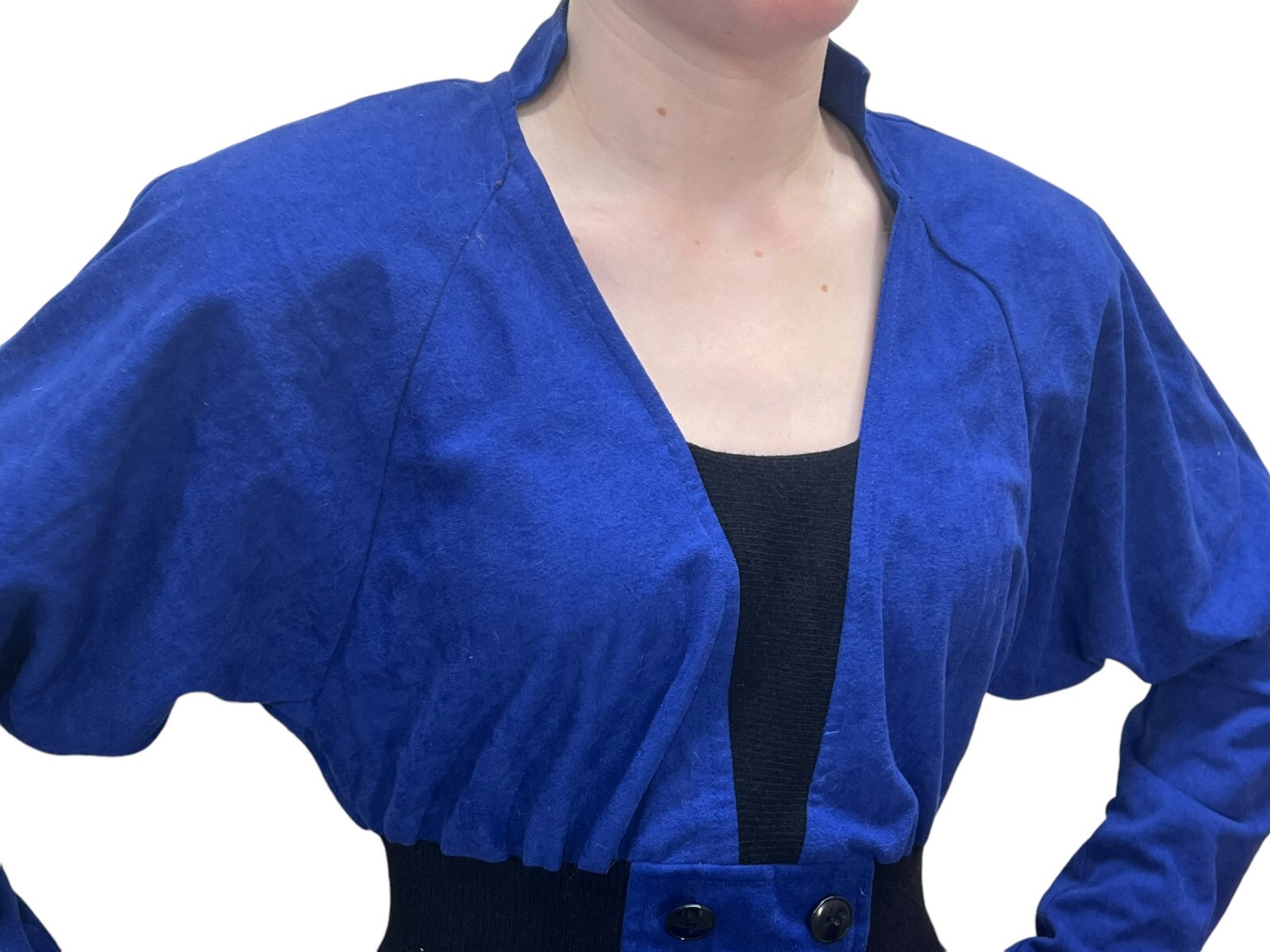 XS~S Vtg 80s Sz 3/4 Blue Velour Dress Peplum Pencil Skirt Dolman Sleeve T Junior